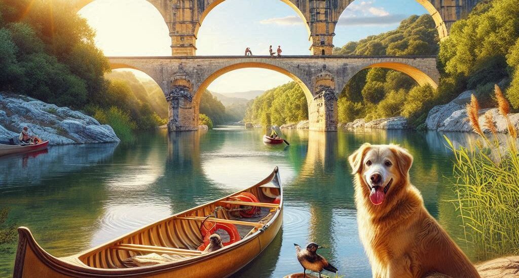 un chien avec un canoë au Pont du Gard